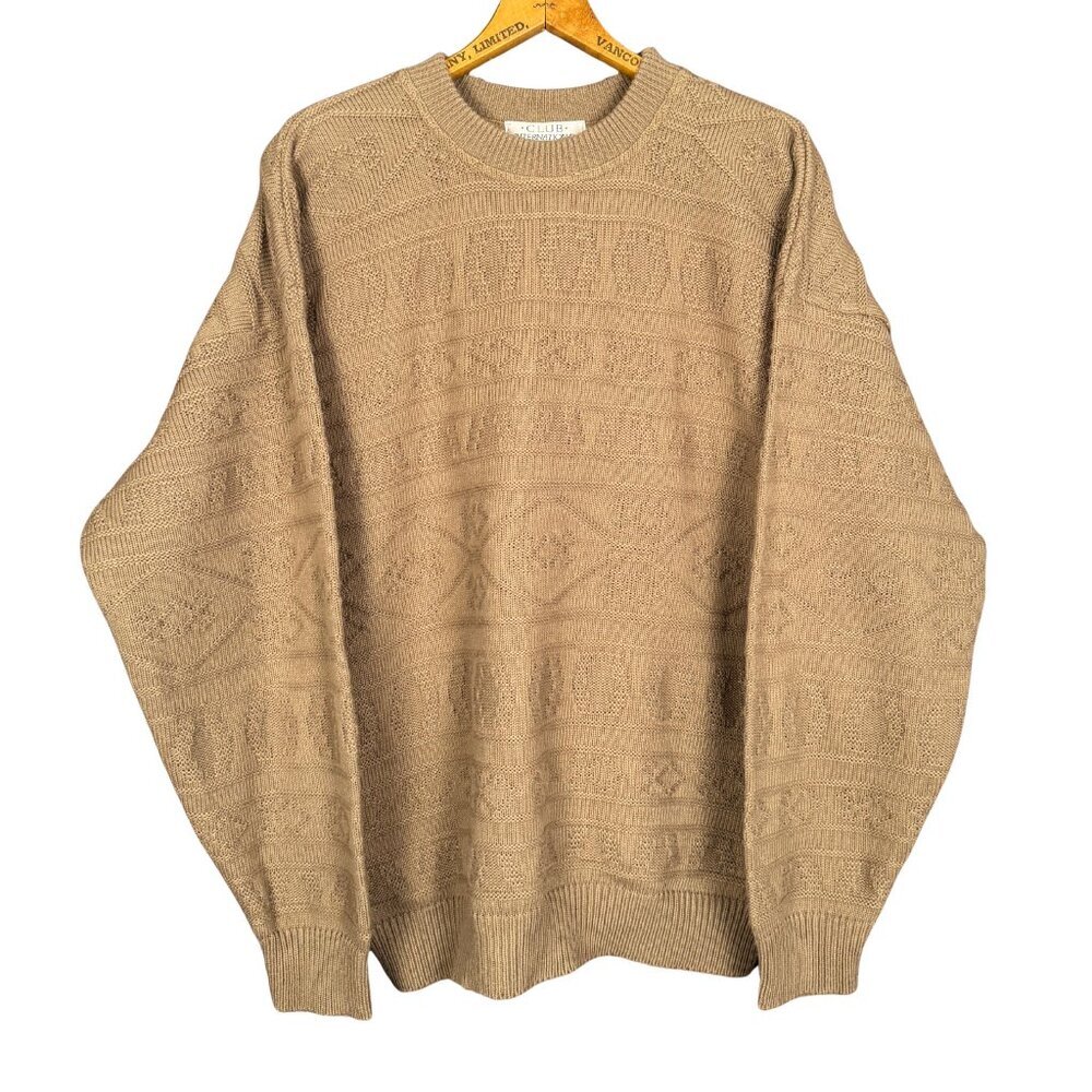Vintage 90s Beige Textured Knit Sweater Oversized Minimalist Indie Crewneck